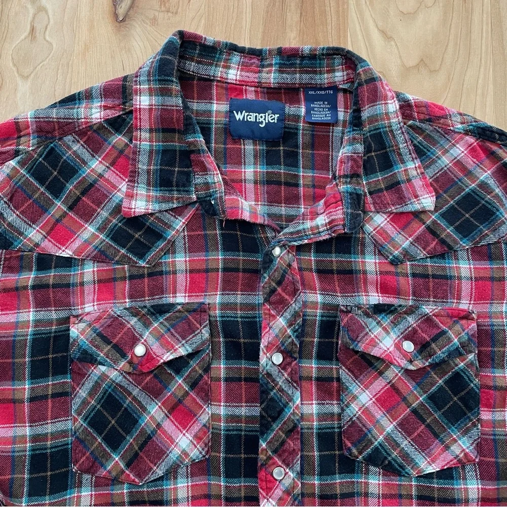 Wrangler XXL Retro Long Sleeve Flannel Western Pearl Snap Plaid Shirt - Picture 2 of 4